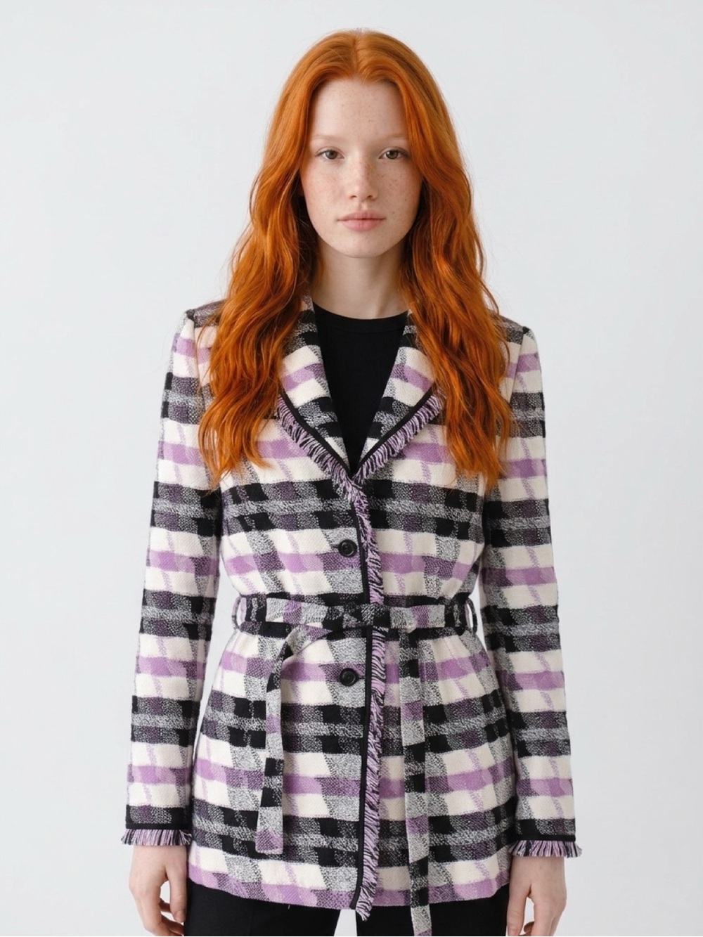St. John Collection Knit Fringe Jacket Plaid Lavender & Black Sz 10 MSRP $895